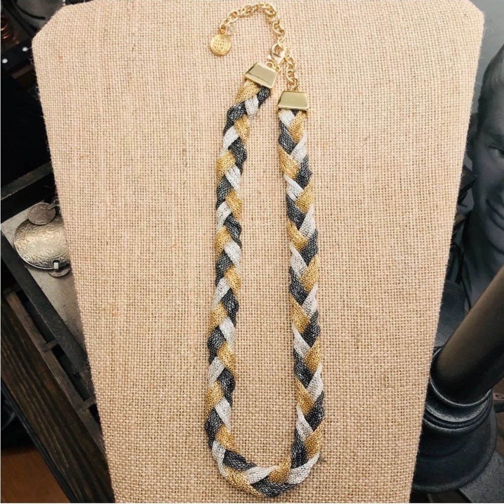 Dana Buchman Tri-Tone Braided Mesh Statement Necklace Gold Silver Gunmetal Tone